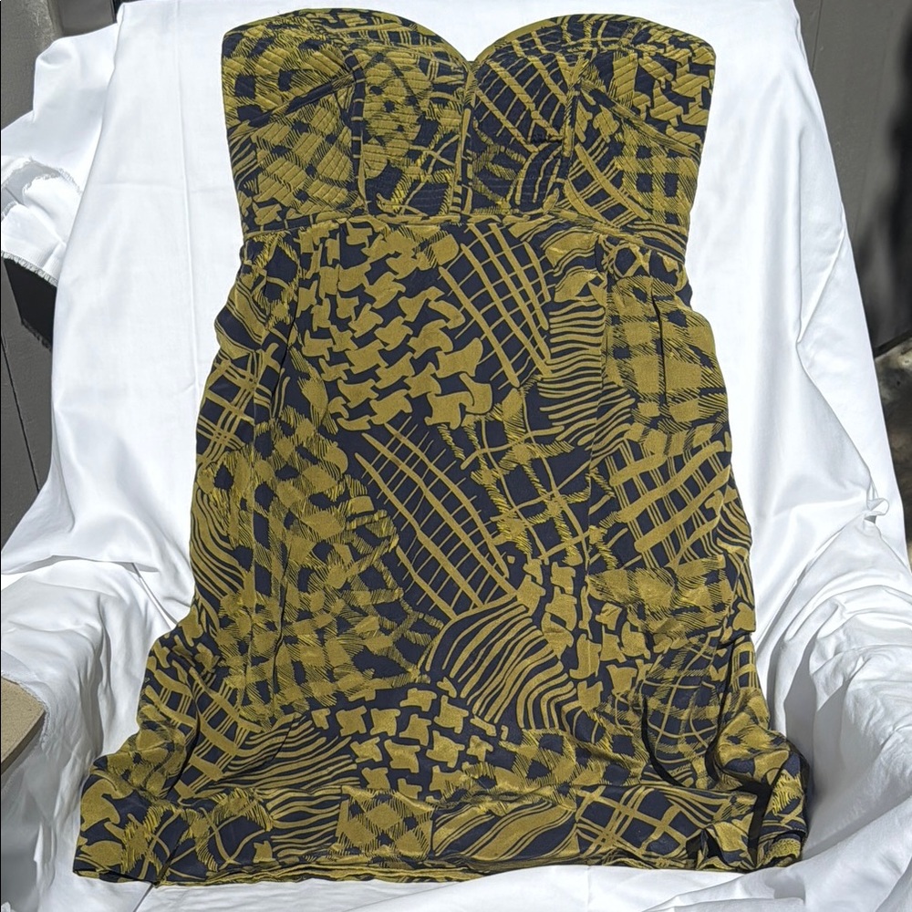 Maple (Anthropologie) Strapless Dress in green and navy